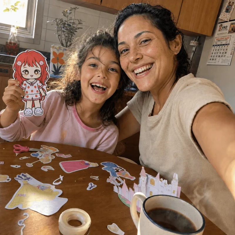 Mãe e filha brincando com bonecas de papel 1