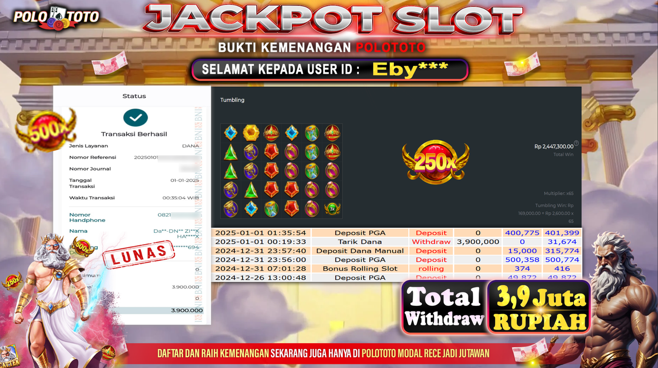 POLOTOTO JACKPOT SLOT GATES OF OLYMPUS Rp.3,900.000,-