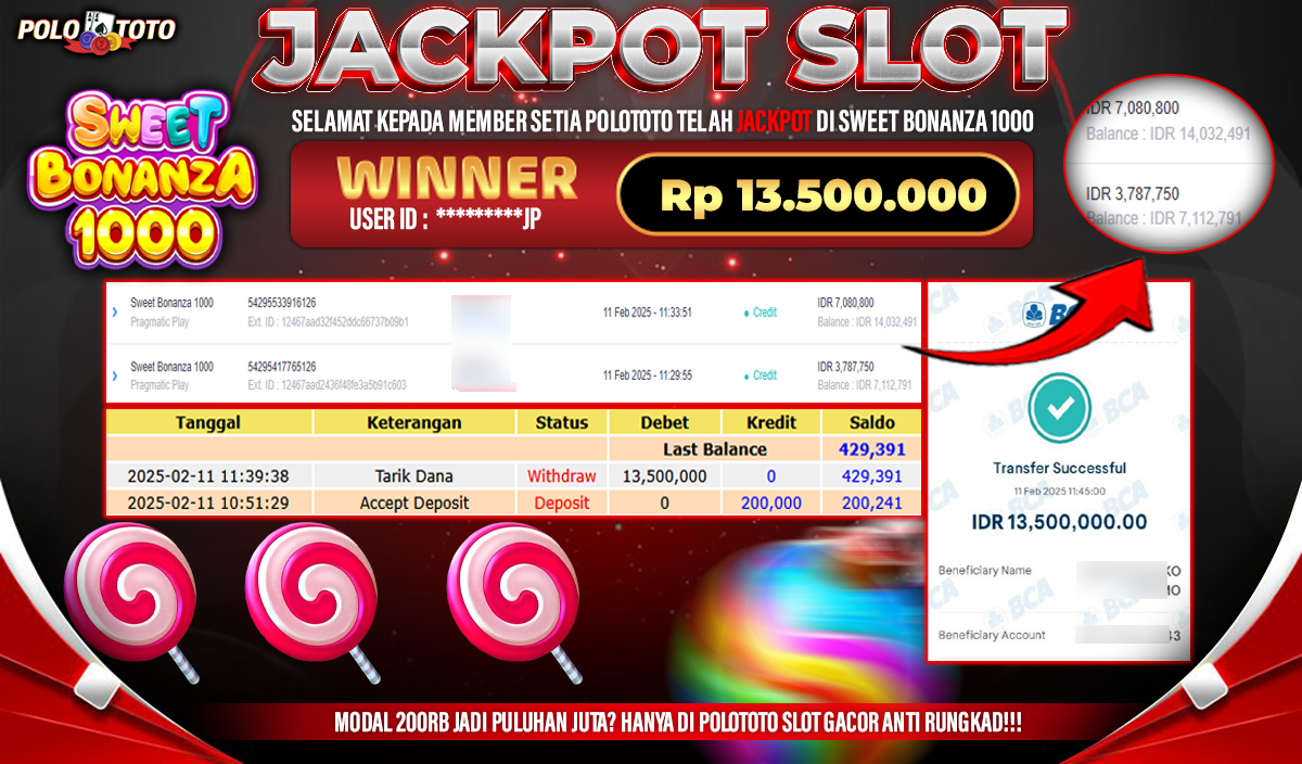 POLOTOTO JACKPOT SLOT SWEET BONANZA 1000 Rp.13.500.000,-