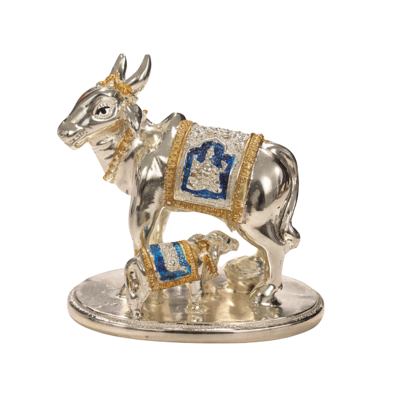 Small Kamdhenu Cow With Calf Silver Blue
