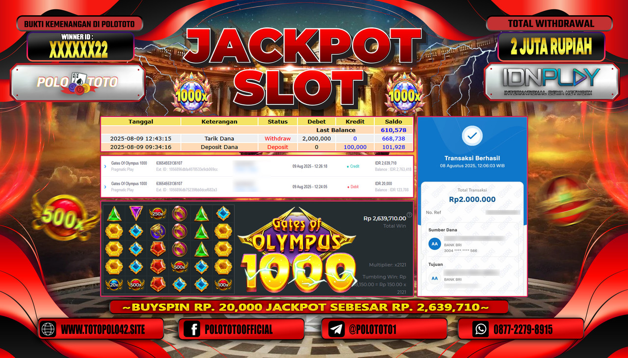 POLOTOTO JACKPOT SLOT GATES OF OLYMPUS 1000 Rp.2.000.000,-LUNAS