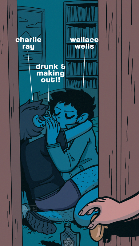 A digital panel edit from the Scott Pilgrim comics, edited to feature Wallace and the webmaster's self insert. The two sit on the floor of a dark room, kissing passionately. Text points to them reading: Charlie Ray & Wallace Wells: drunk and making out!!