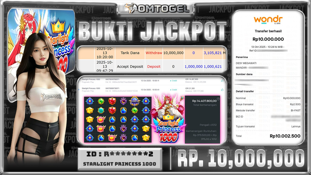 OMTOGEL JACKPOT PRAGMATIC PLAY STARLIGHT PRINCESS 1000 10 JUTA DI BAYAR LUNAS ,-