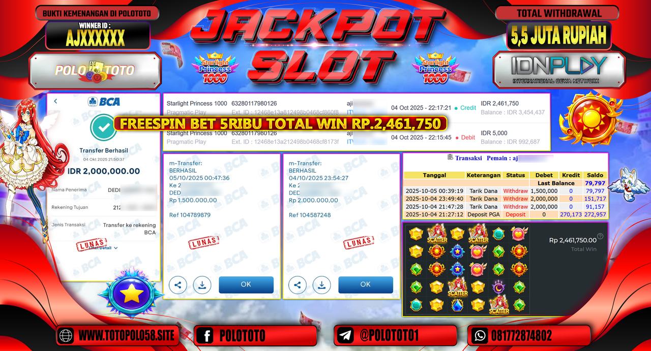 POLOTOTO JACKPOT SLOT STARLIGHT PRINCESS 1000 Rp.5.500.000,- LUNAS