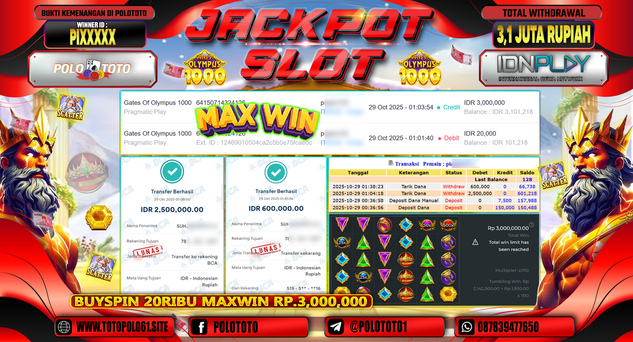 POLOTOTO JACKPOT SLOT GATES OF OLYMPUS 1000 Rp.3.100.000,- LUNAS