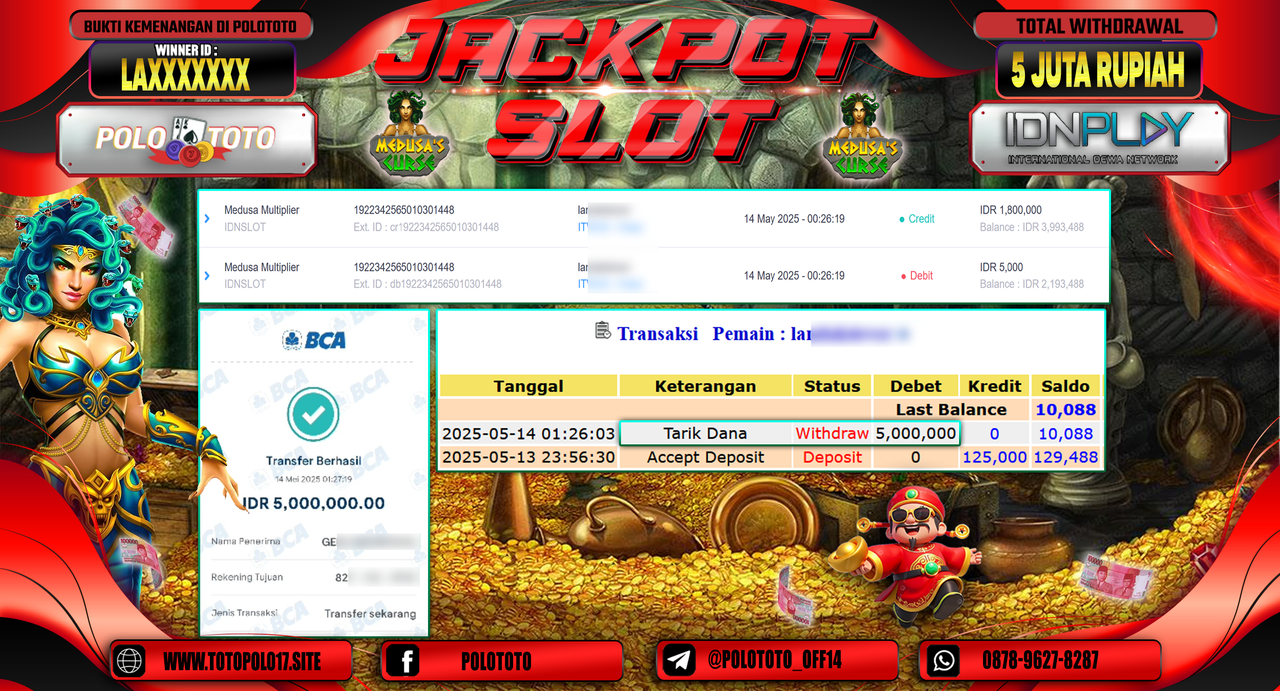 POLOTOTO JACKPOT SLOT MEDUSA MULTIPLIER Rp.5.000.000,-