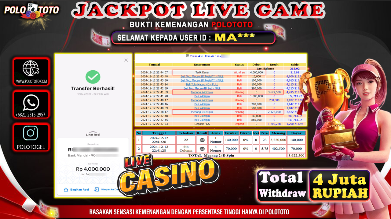 POLOTOTO JACKPOT LIVE GAME CASINO 24DSPIN Rp.4,000.000,-