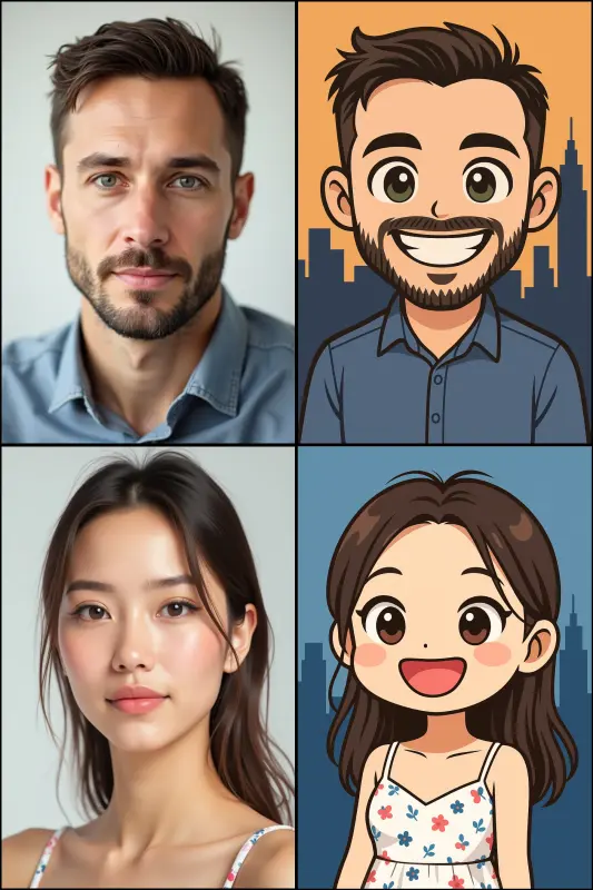 Chibi cartoon AI selfie with city silhouette