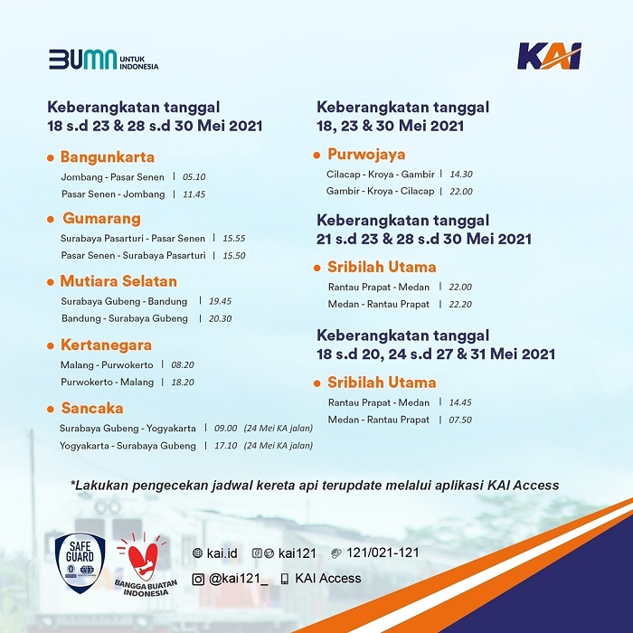 Jadwal kereta api terbaru selama periode 18-31 Mei 2021.