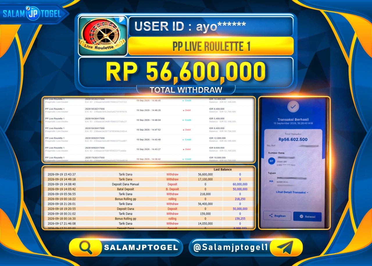 SALAMJPTOGEL JACKPOT MENANG LIVEGAMES PP LIVE ROULETTE 1 Rp.56,600,000 - LUNAS