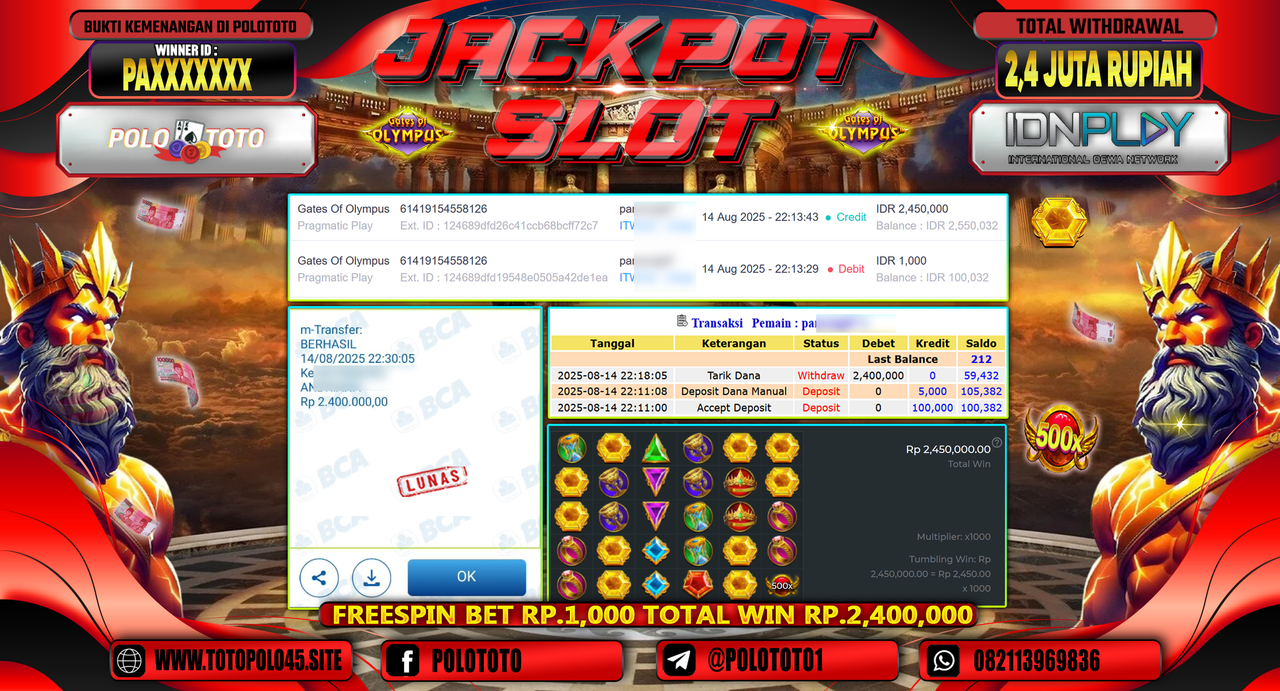 POLOTOTO JACKPOT SLOT GATES OF OLYMPUS Rp.2.400.000,-LUNAS