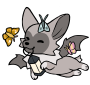 A grey bat-corgi with moths