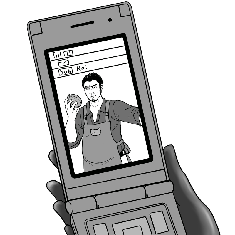 A gloved hand holding a flip phone. On the screen is a selfie of Kiryu in an apron holding an onion