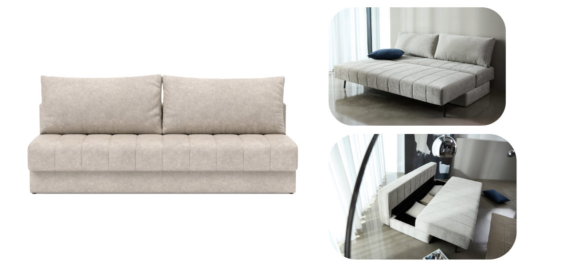 Akello Sofa Bed sans accoudoirs Innovation Living — canapé convertible silhouette épurée, coutures channel matelassées, tissu beige — Déco Éléments Paris 18e
