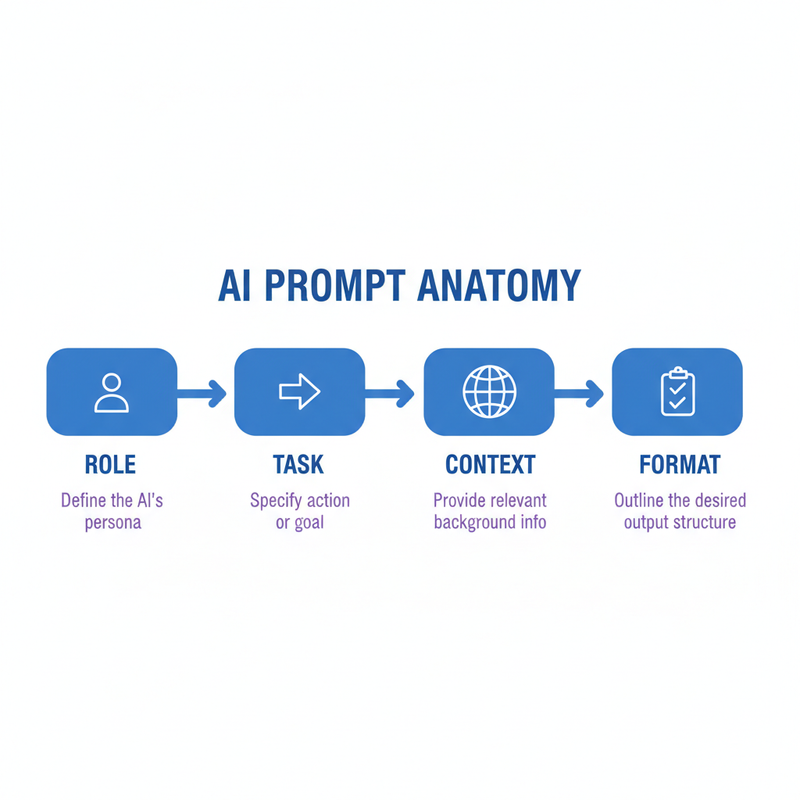 Flowchart diagram of AI prompt components: role, task, context, and format
