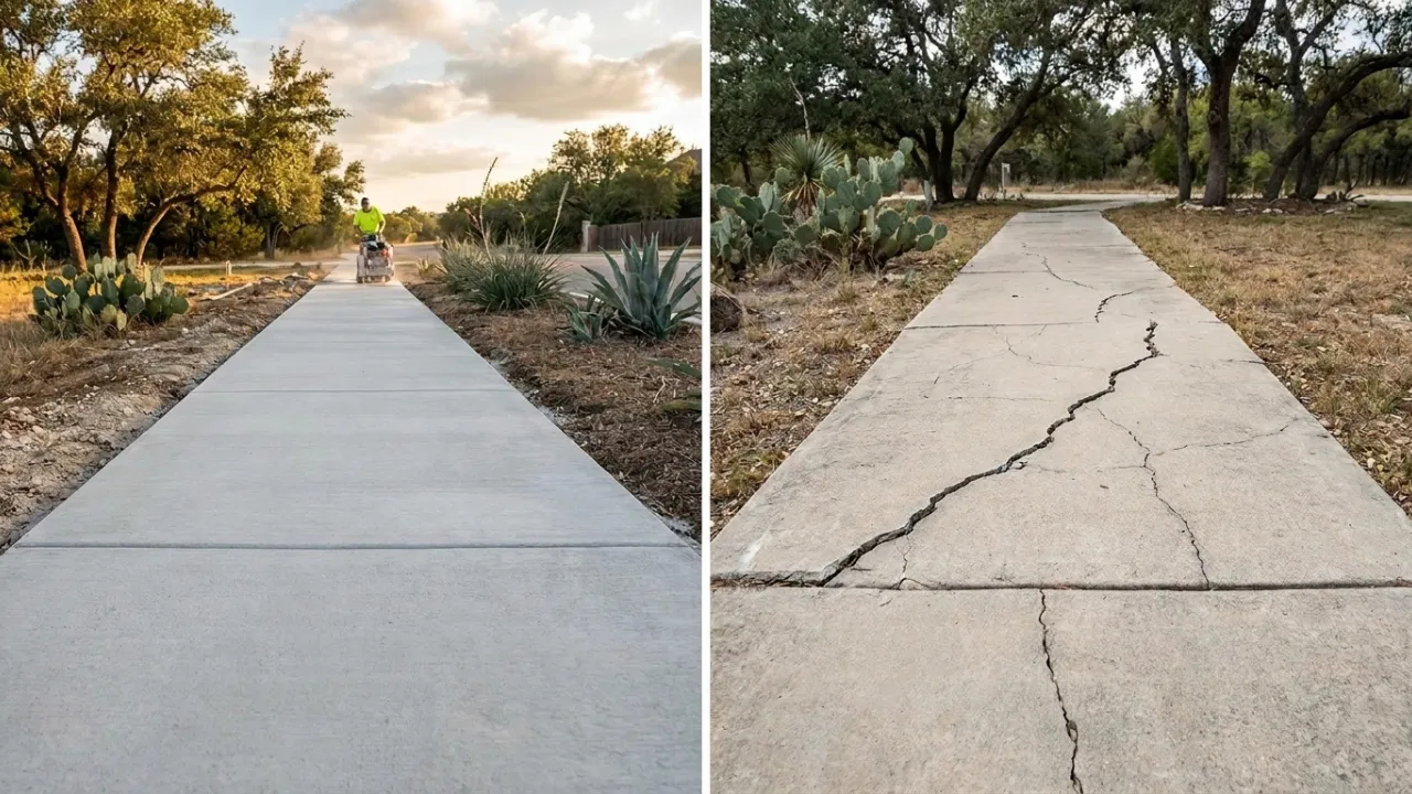 Freshly poured concrete patio in San Antonio with properly spaced saw-cut control joints — joints give the slab a planned place to crack so random surface breaks stay small and the slab lasts for decades