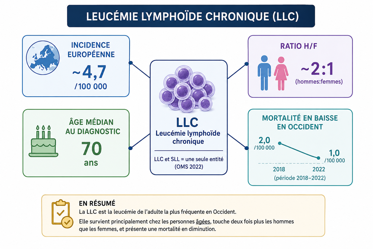 Infographie épidémiologie de la LLC : incidence européenne ~4,7/100 000, âge médian 70 ans, ratio hommes/femmes ~2:1, mortalité en baisse de 2,0 à 1,0/100 000 entre 2018 et 2022