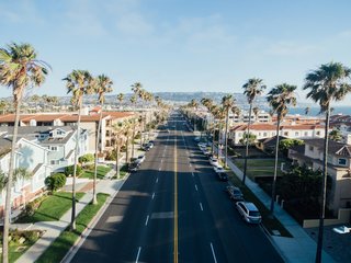 A street lined with palm trees in California