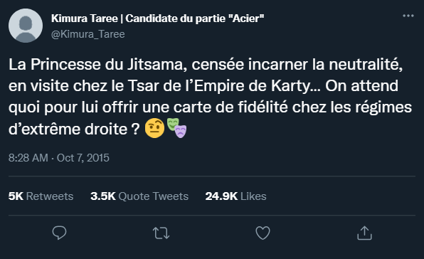 Tweet de la candidate Kimura Taree du partie : Acier, gauche socialiste, universaliste, pro-immigration, écologie politique