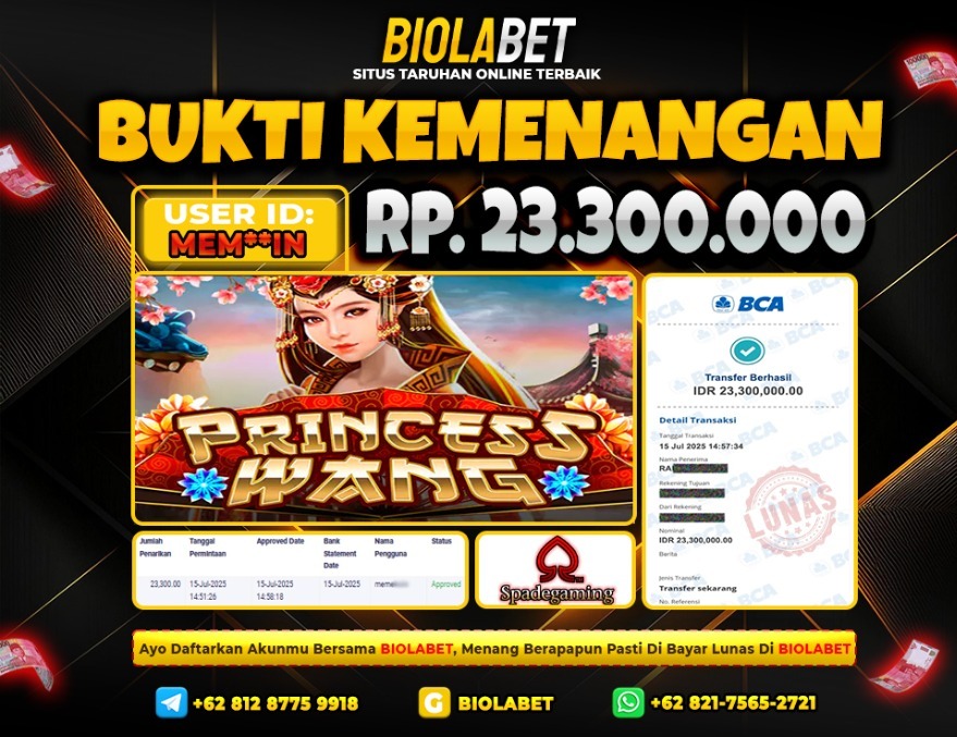 BIOLABET JACKPOT SPADE GAMING PRINCESS WANG Rp.23.300.000.,- LUNAS