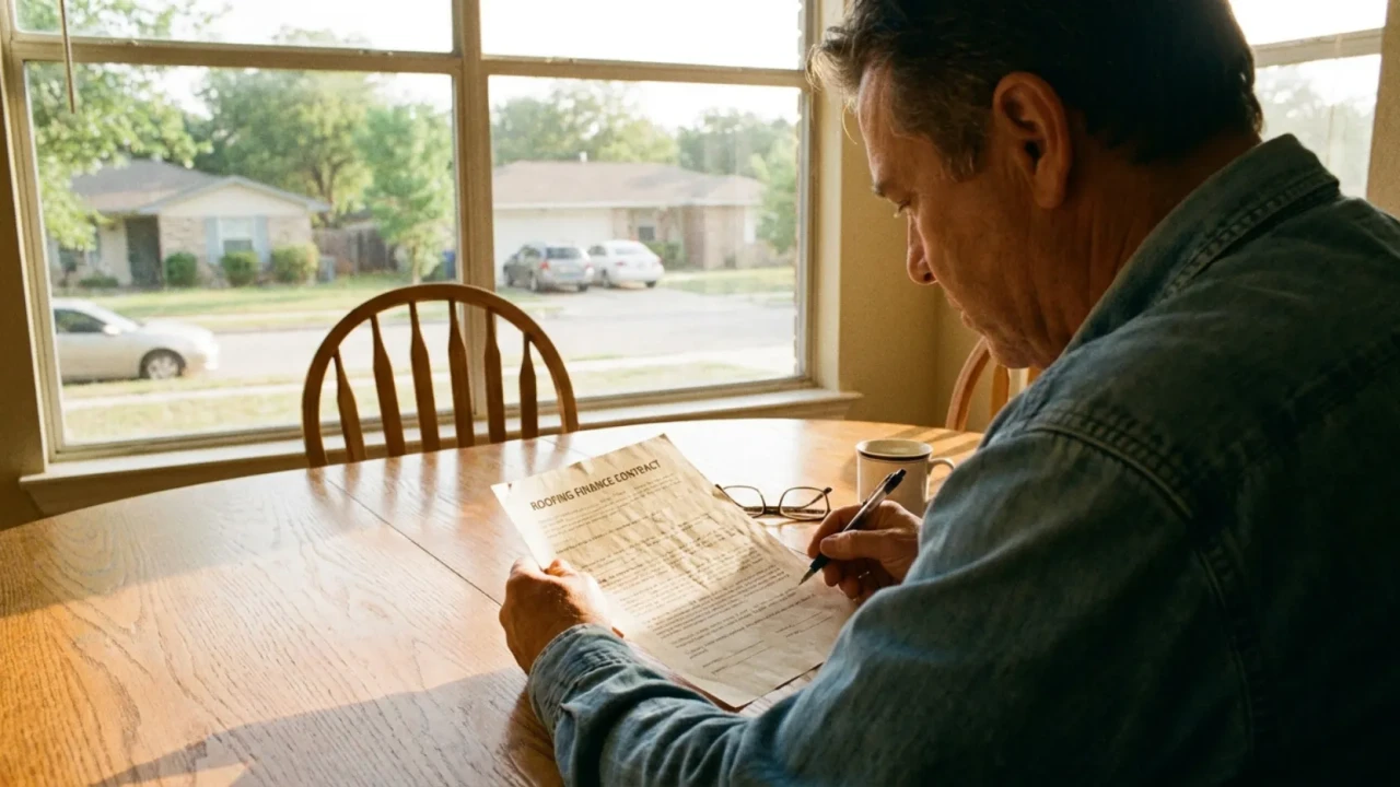 Homeowner reviewing roof financing contract carefully before signing in San Antonio