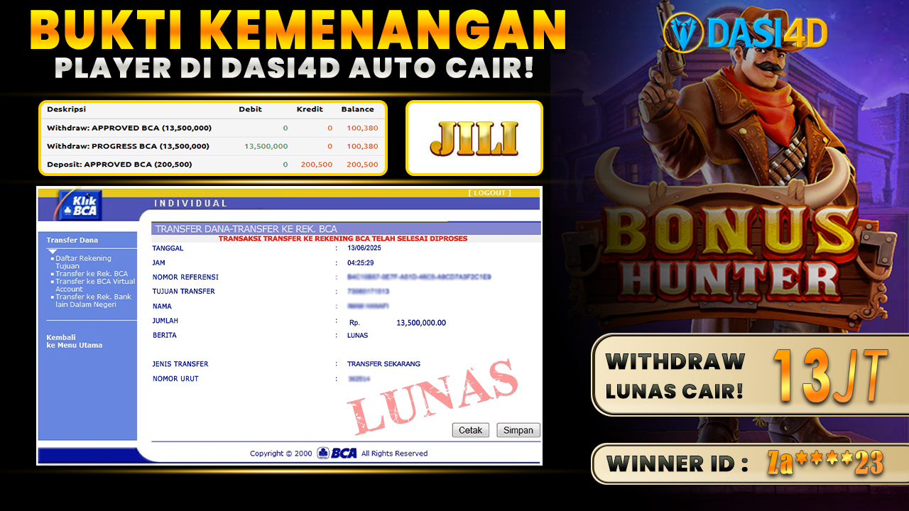 BUKTI KEMENANGAN 13 JUNI 2025 DI BONUS HUNTER WD 13 JUTA