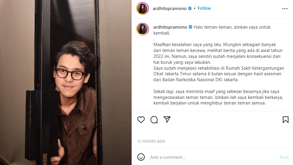 Ardhito Pramono telah menyelesaikan masa rehabilitasinya.