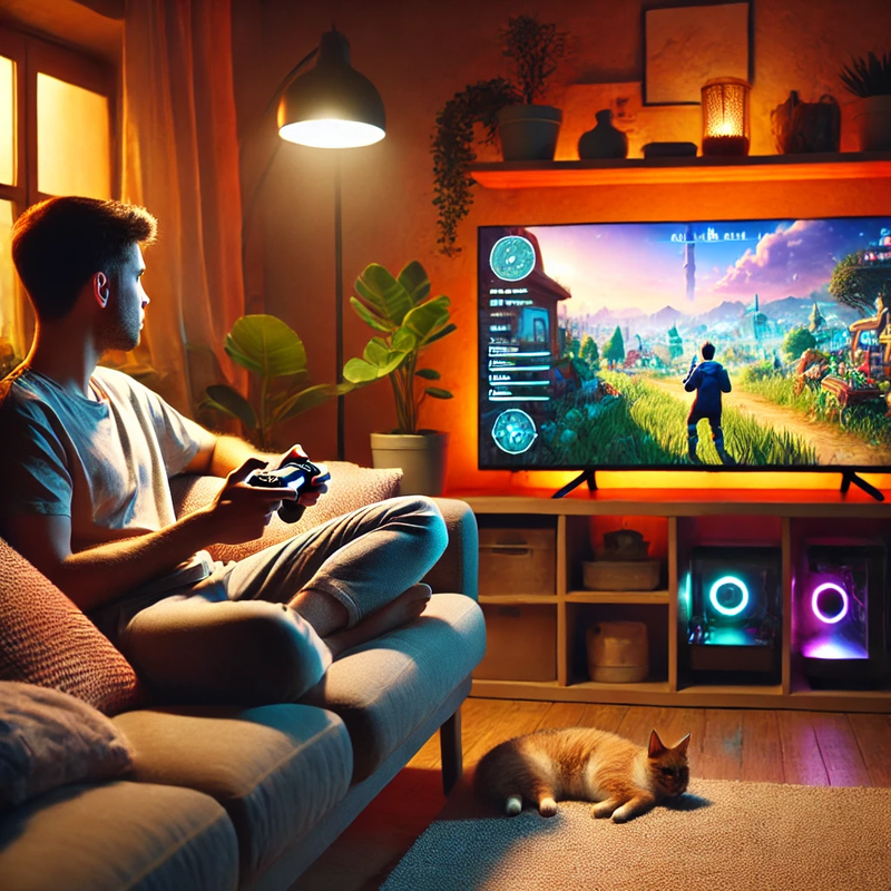 Геймер расслабляется, играя в видеоигру для снятия стресса