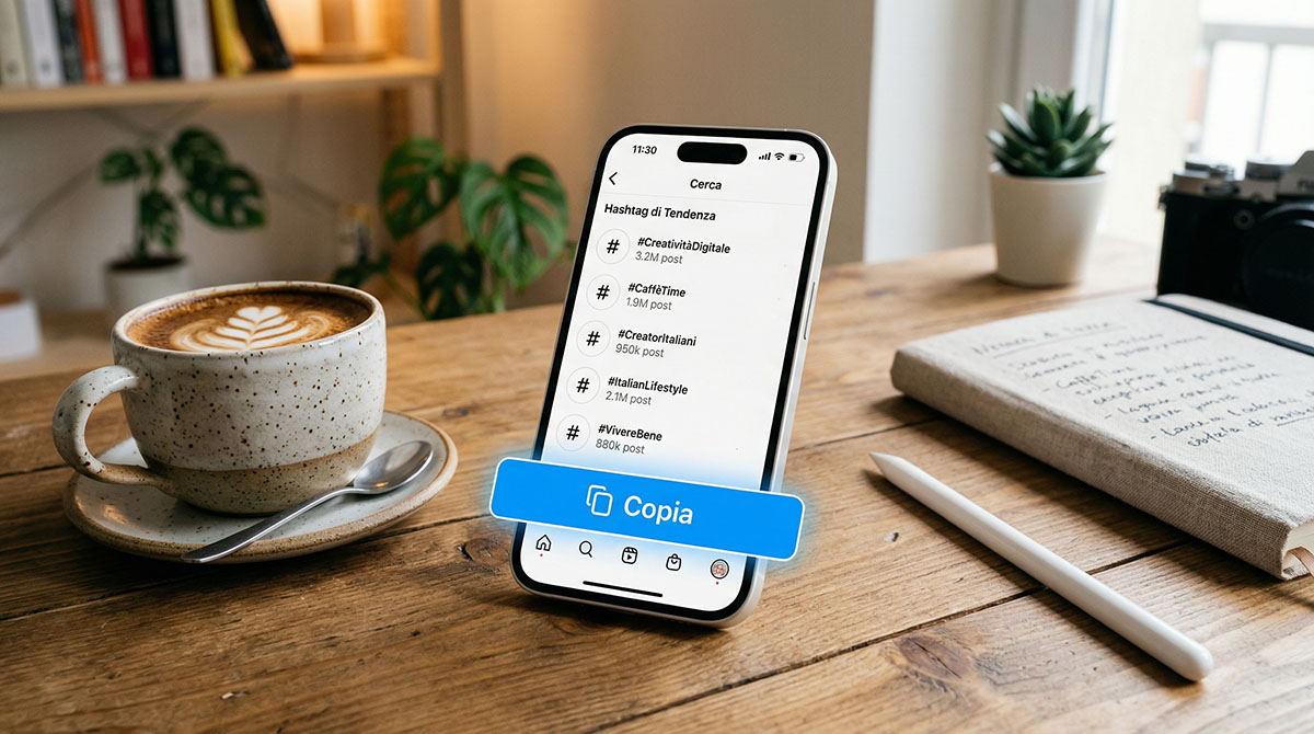 Schermo di un iPhone che mostra una schermata di ricerca Instagram con hashtag in tendenza e un tasto "Copia".