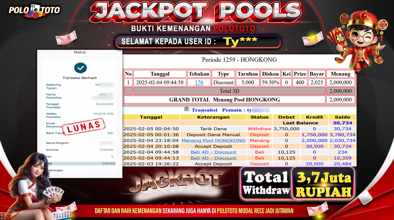 POLOTOTO JACKPOT TOGEL PASARAN HONGKONG Rp3,750.000,-