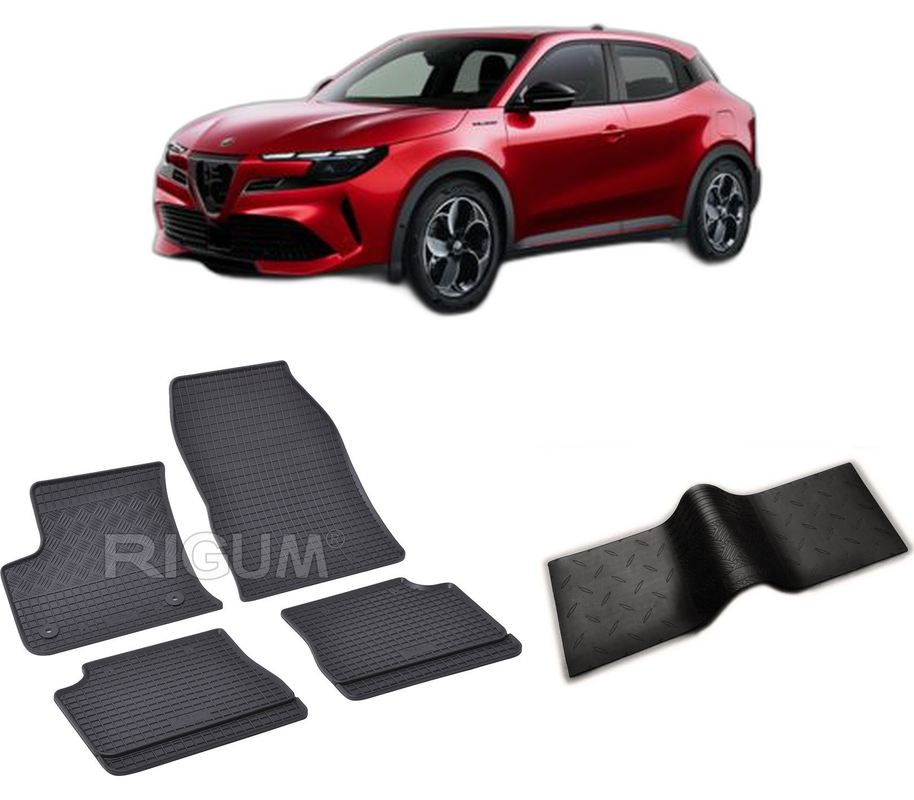 Set covorase auto ALFA ROMEO JUNIOR ELETTRICA din 04.2024-PREZENT, cu covoras tunel median, CAROSERIE SUV, Presuri cauciuc 100%, compatibil cu autoturismul ALFA ROMEO JUNIOR ELETTRICA, Rigum