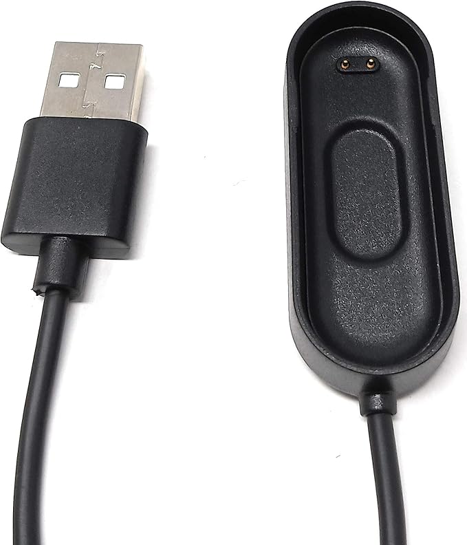 Una base de carga tipo dock, con un cable USB, lista para conectar la Xiaomi Mi Band 4.