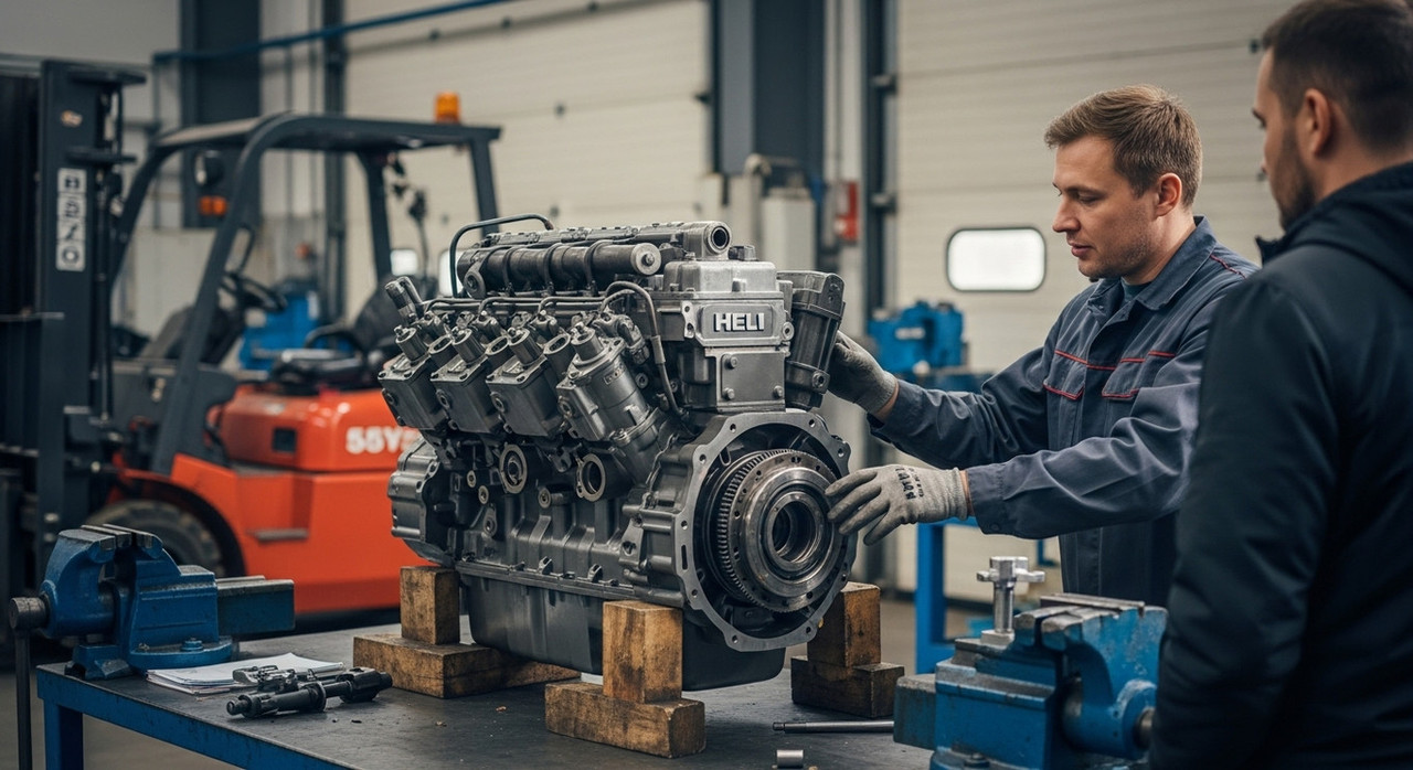 Капитальный ремонт дизельного двигателя погрузчика Heli на верстаке в мастерской, визуализация процесса восстановления ресурса мотора