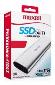 Disco Externo SSD Maxell de 1TB, mostrando su diseño delgado y portátil.