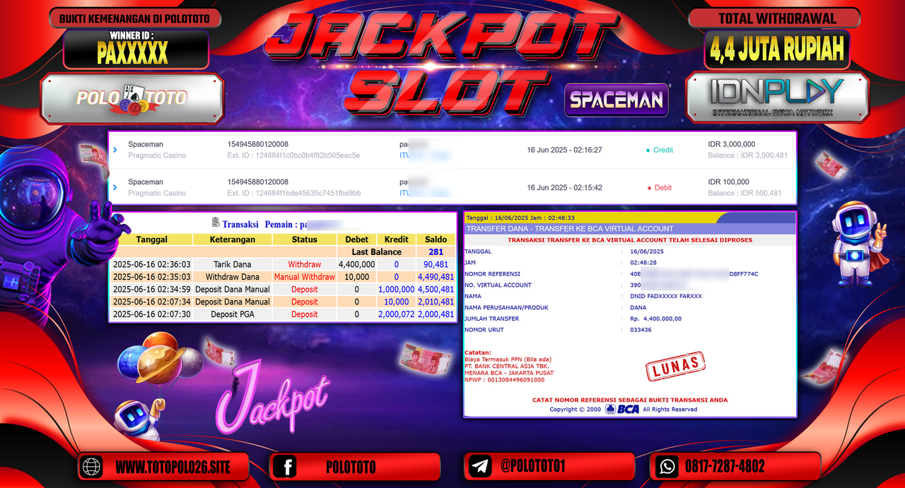 POLOTOTO JACKPOT SLOT SPACEMAN Rp.4.400.000,-