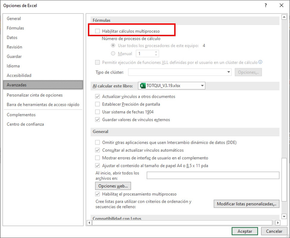 Deshabilitar cálculos multiproceso