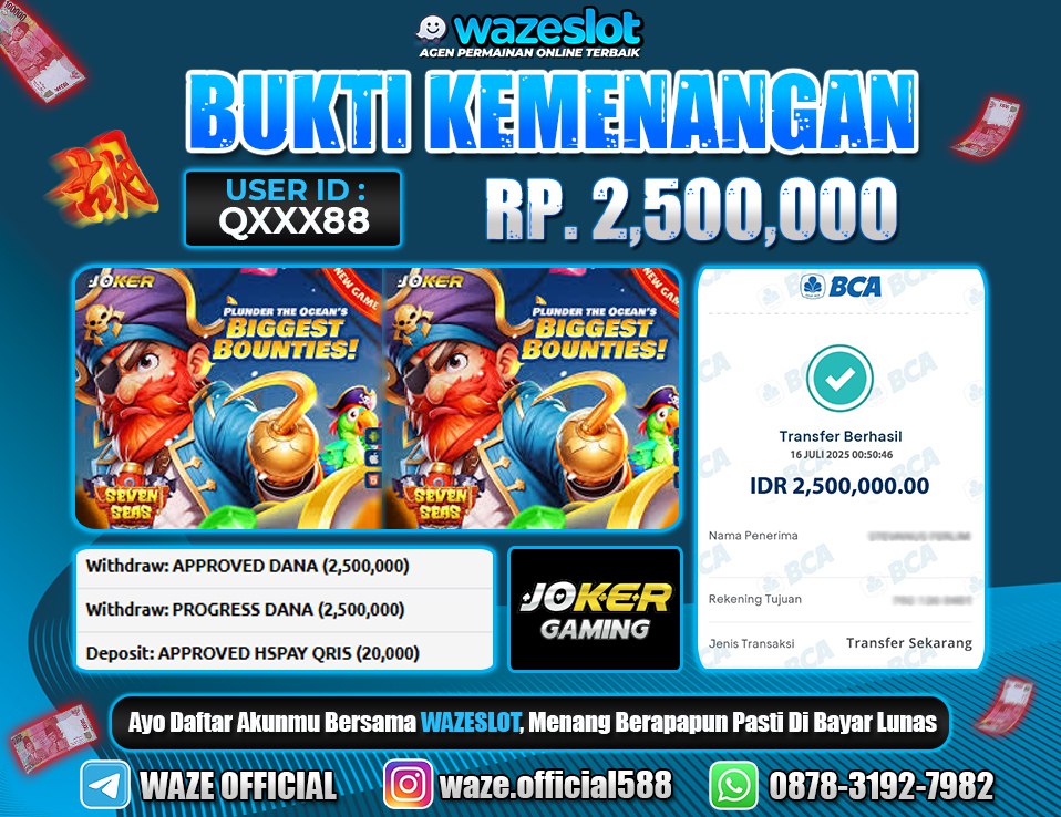 BUKTI KEMENANGAN 16 JULI 2025 DI GAME SEVEN SEAS ( JOKER GAMING )