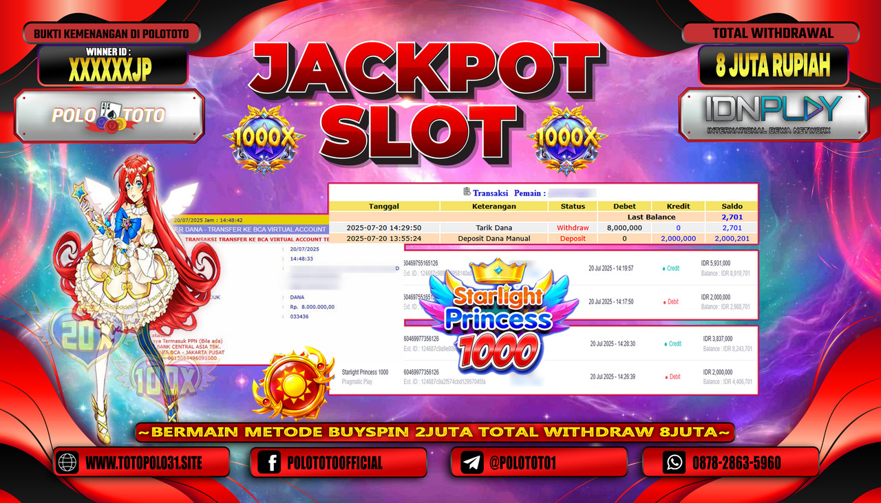 POLOTOTO JACKPOT SLOT STARLIGHT PRINCESS 1000 Rp.8.000.000,- LUNAS