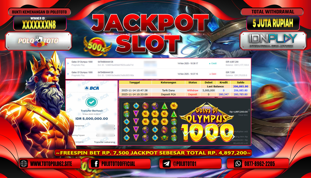 POLOTOTO JACKPOT SLOT GATES OF OLYMPUS 1000 Rp.5.000.000,- LUNAS