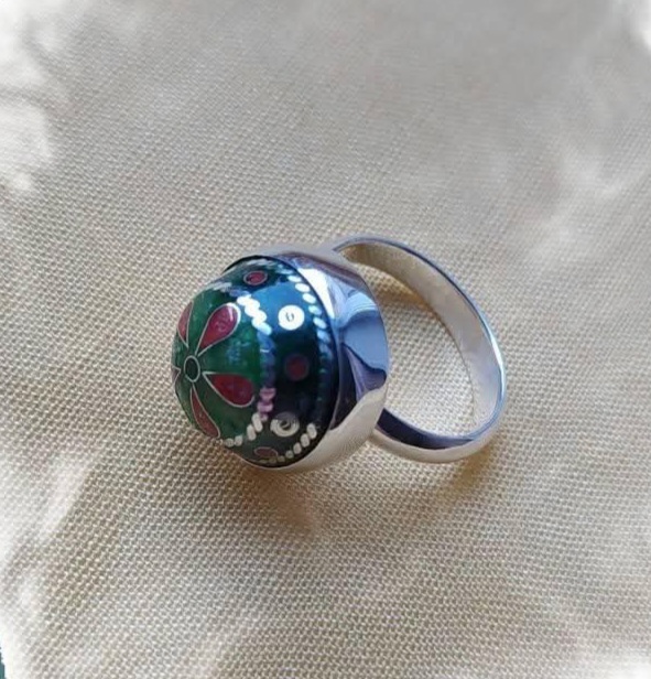 Minankari Ring Coral Blossom, Sterling Silver, Handmade from Tbilisi - handmade cloisonne enamel