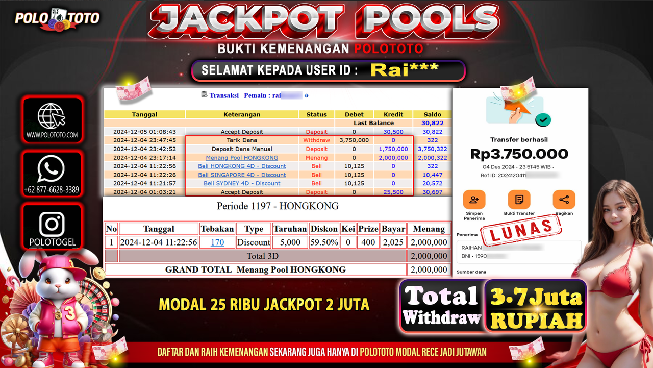 POLOTOTO JACKPOT TOGEL PASARAN HONGKONG Rp.3,750.000,-