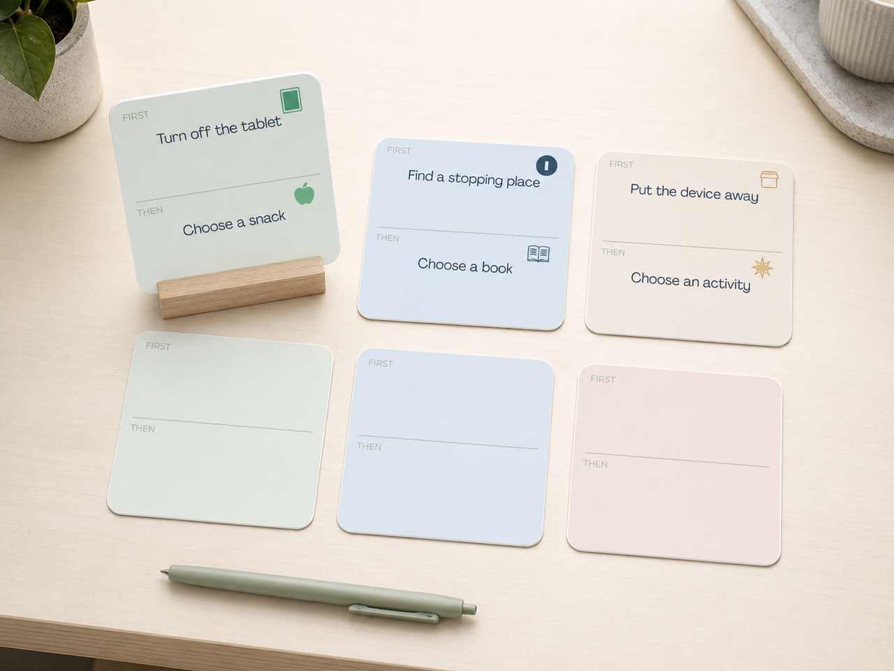 First/Then transition cards showing a before-and-after visual sequence for screen-time ending