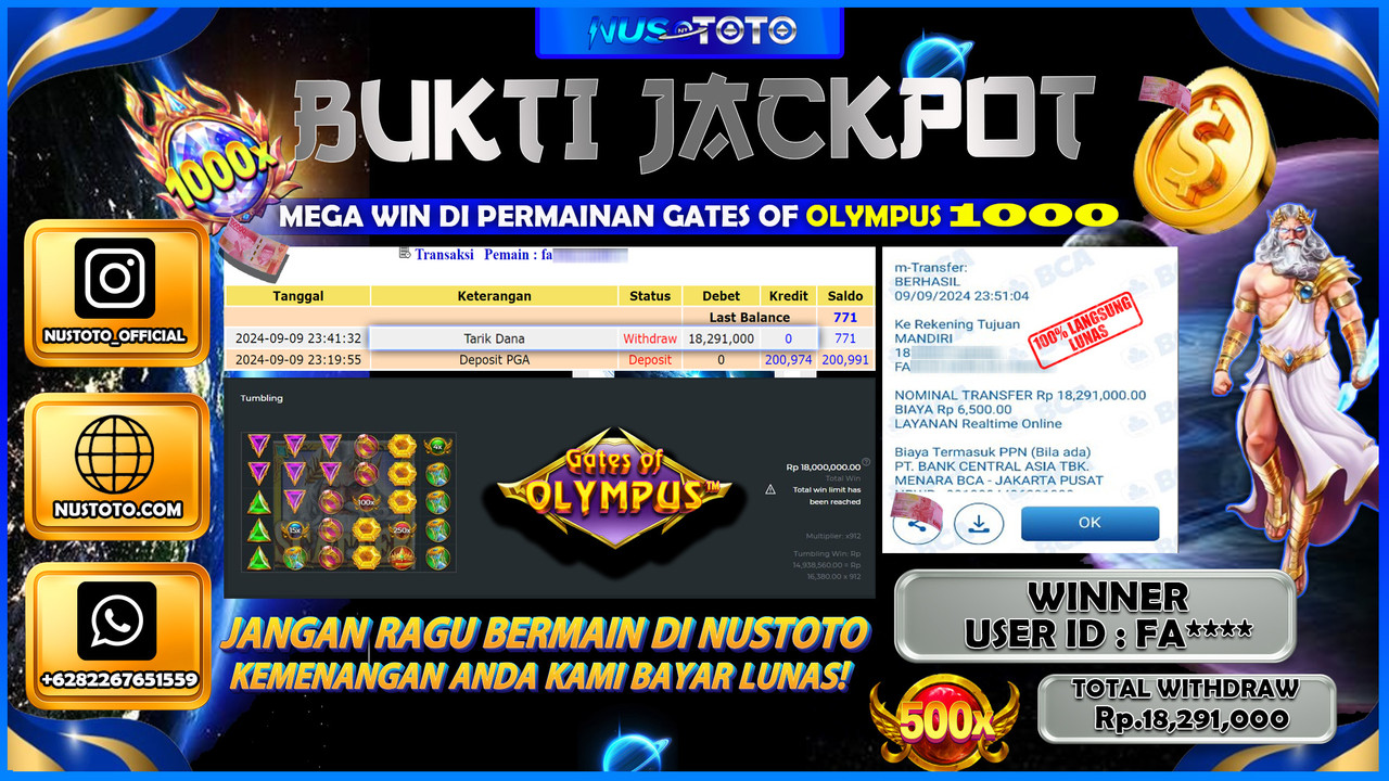 JACKPOT !! MENANG BESAR DI GATES OF OLYMPUS 1000 Rp. 18,291,000 LANGSUNG DI BAYAR LUNAS NUSTOTO !!