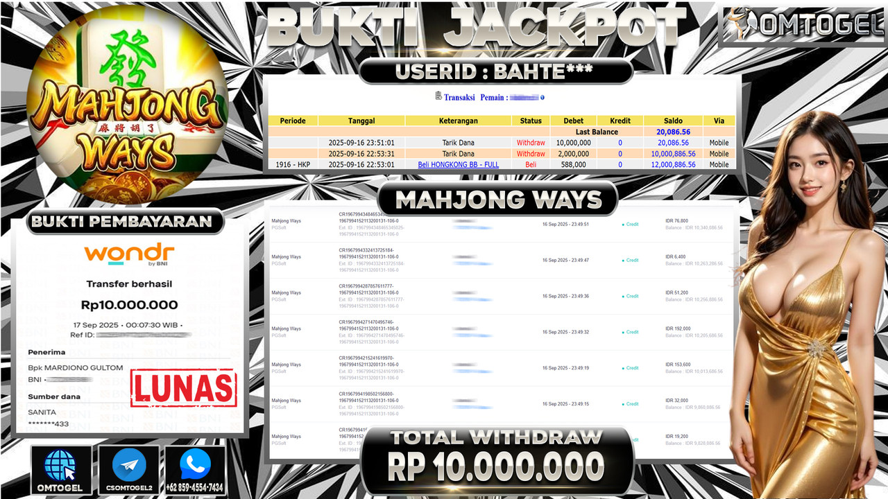 OMTOGEL JACKPOT PGSOFT MAHJONG WAYS 10 JUTA DI BAYAR LUNAS ,-