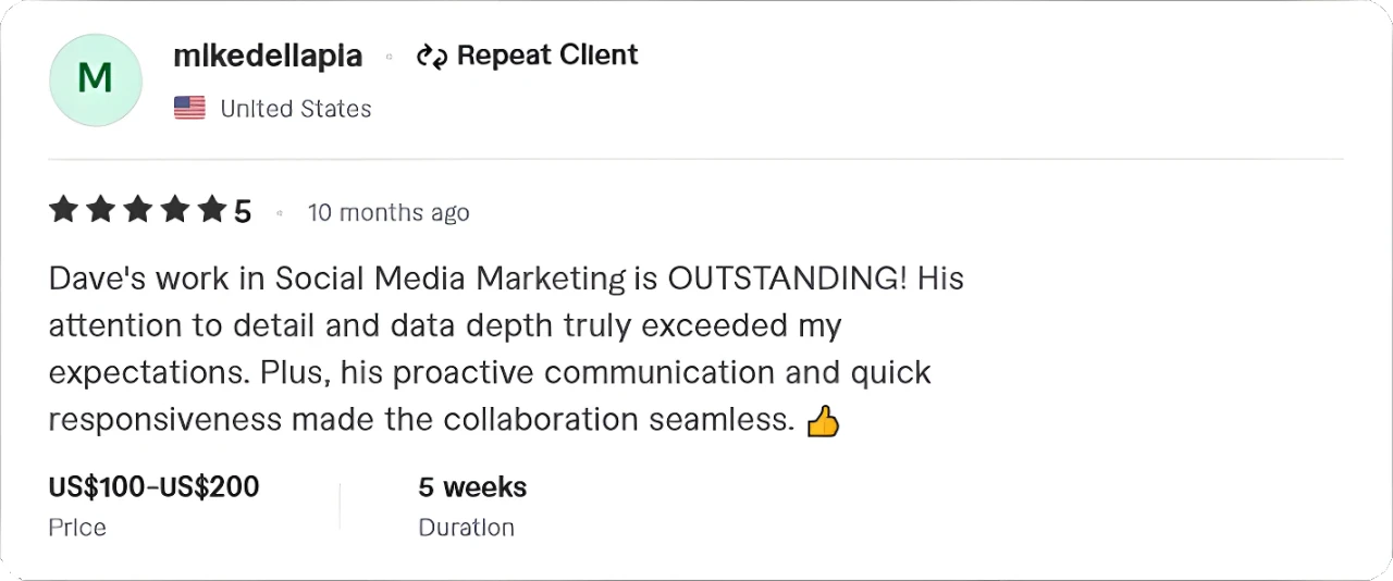 Client review describing real IMDb STARmeter progress, verified organic ranking increase, and professional service.