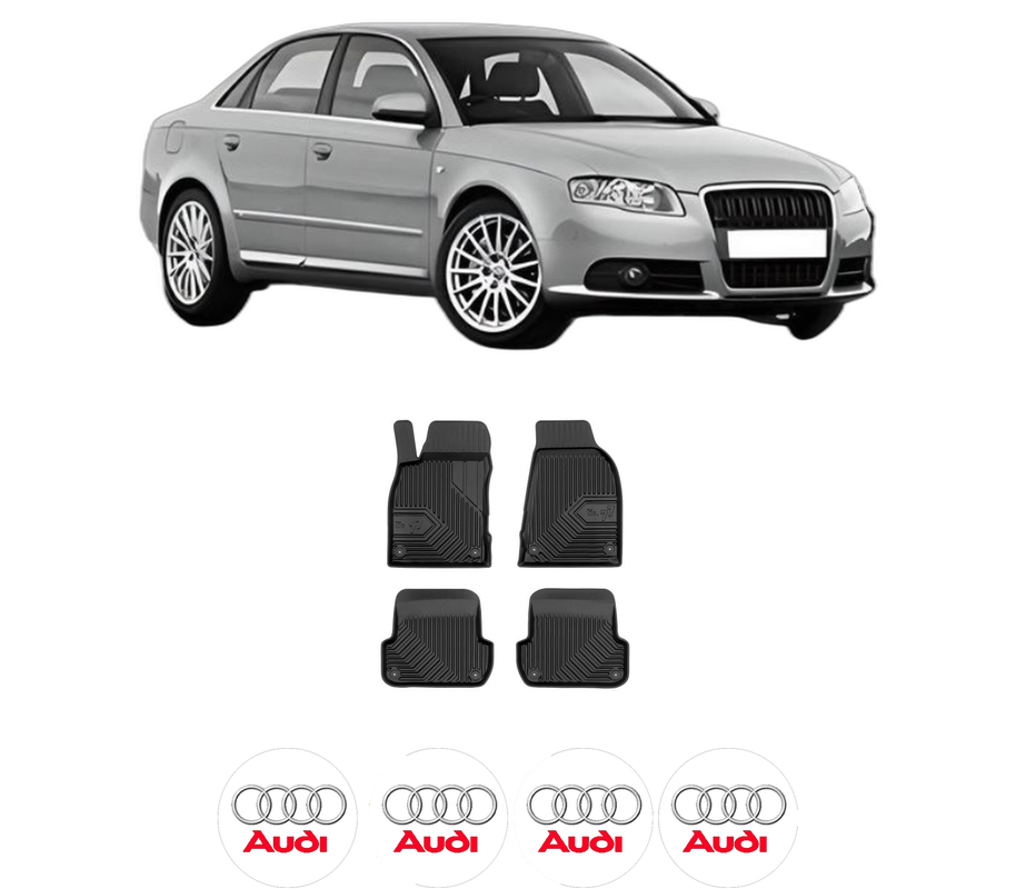 Set covorase presuri AUDI A4 | B7 din 2008-2012, auto, din cauciuc thermoplastic, 4 Stickere auto cu AUDI