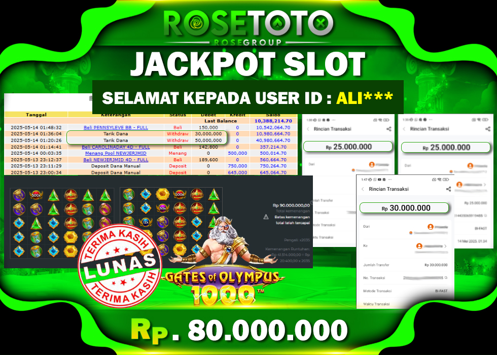 ROSETOTO JACKPOT SLOT Gates Of Olympus 1000 Rp.80.000.000.,- LUNAS