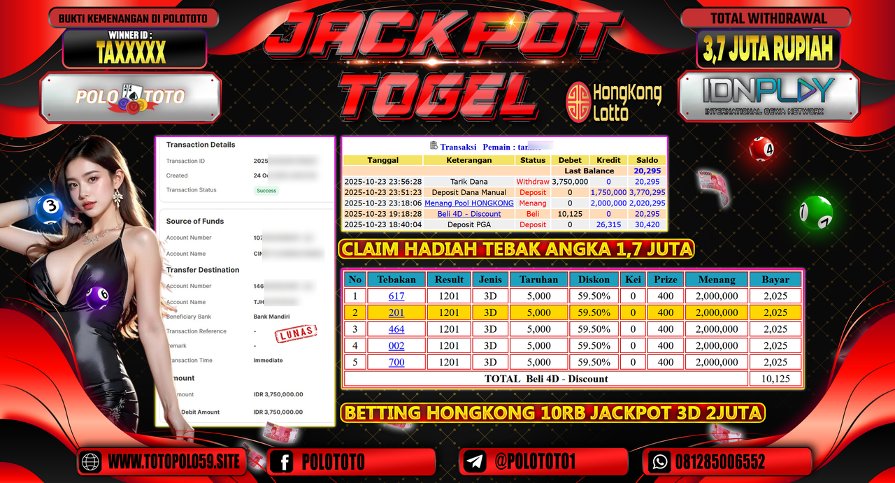 POLOTOTO JACKPOT TOGEL MENANG HONGKONG LOTTO Rp.3.700.000,- LUNAS