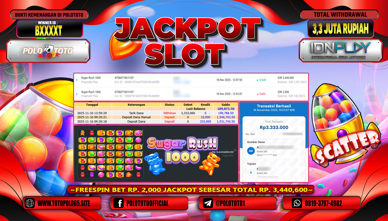 POLOTOTO JACKPOT SLOT SUGAR RUSH 1000 Rp.3.300.000,- LUNAS