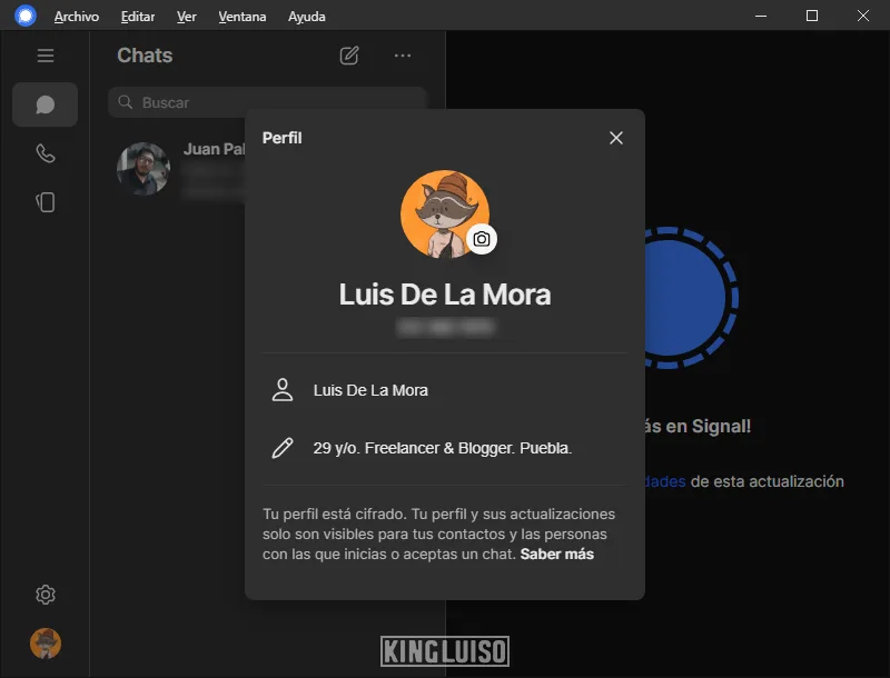 El perfil de «Luis De La Mora» con un avatar propio, una breve biografía de su vida y número telefónico en pantalla